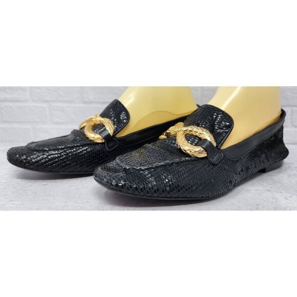 Schutz Maggy Womens Black Snake Embossed Leather Loafers sz 8 B Gold Bit Accent - Picture 1 of 11